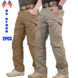 2pcs Men's Solid Color Cargo Pants, Breathable Tactical Pants Multi Pockets