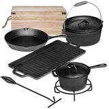 Camping Cooking Set O 7. Pre Seasoned Cast Iron Pots And Pans Dutch Oven With Lids or Outdoor Comeire. Grill Cookware Skillet Se