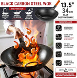 Pre-Seasoned Carbon Steel Wok Pan 13.5" Flat Bottom