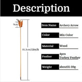 Wood Arrows 6pcs Turkey Feathers Handmade Diameter 8.5mm Arrow Shaft Length 80cm for Adults Shooting Target Hunting Accessories