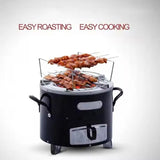 Barbecue grill with skewered meat on a white background, featuring text 'Easy Roasting Easy Cooking'.