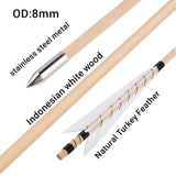 Wooden Arrows 12Pcs, 8mm Shaft with 5" Turkey Feathers